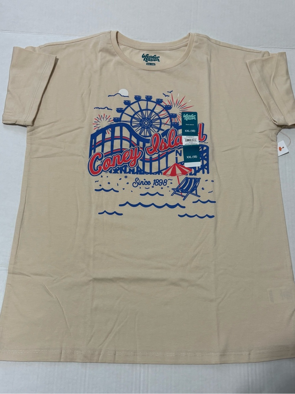 wonder nation Beige Tee with Blue & Red Coney Island Graphic